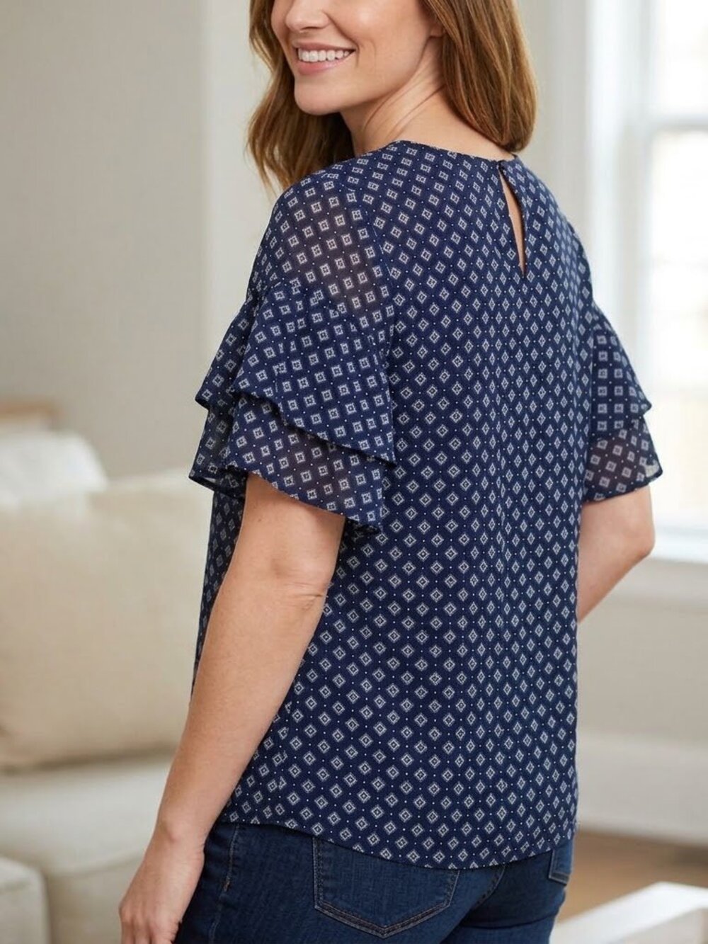 Navy/White blouse w/short ruffle sleeve